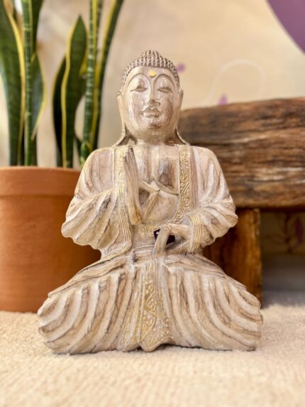 Escultura Buda em Meditação com Acabamento Amadeirado – 41cm